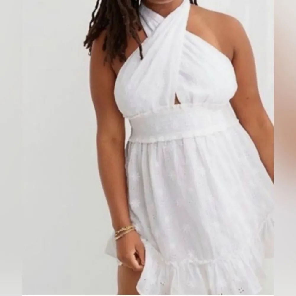 Aerie Halter Eyelet Shirred Ruffled Dress. Sundress. Soft Girl. Eyelet